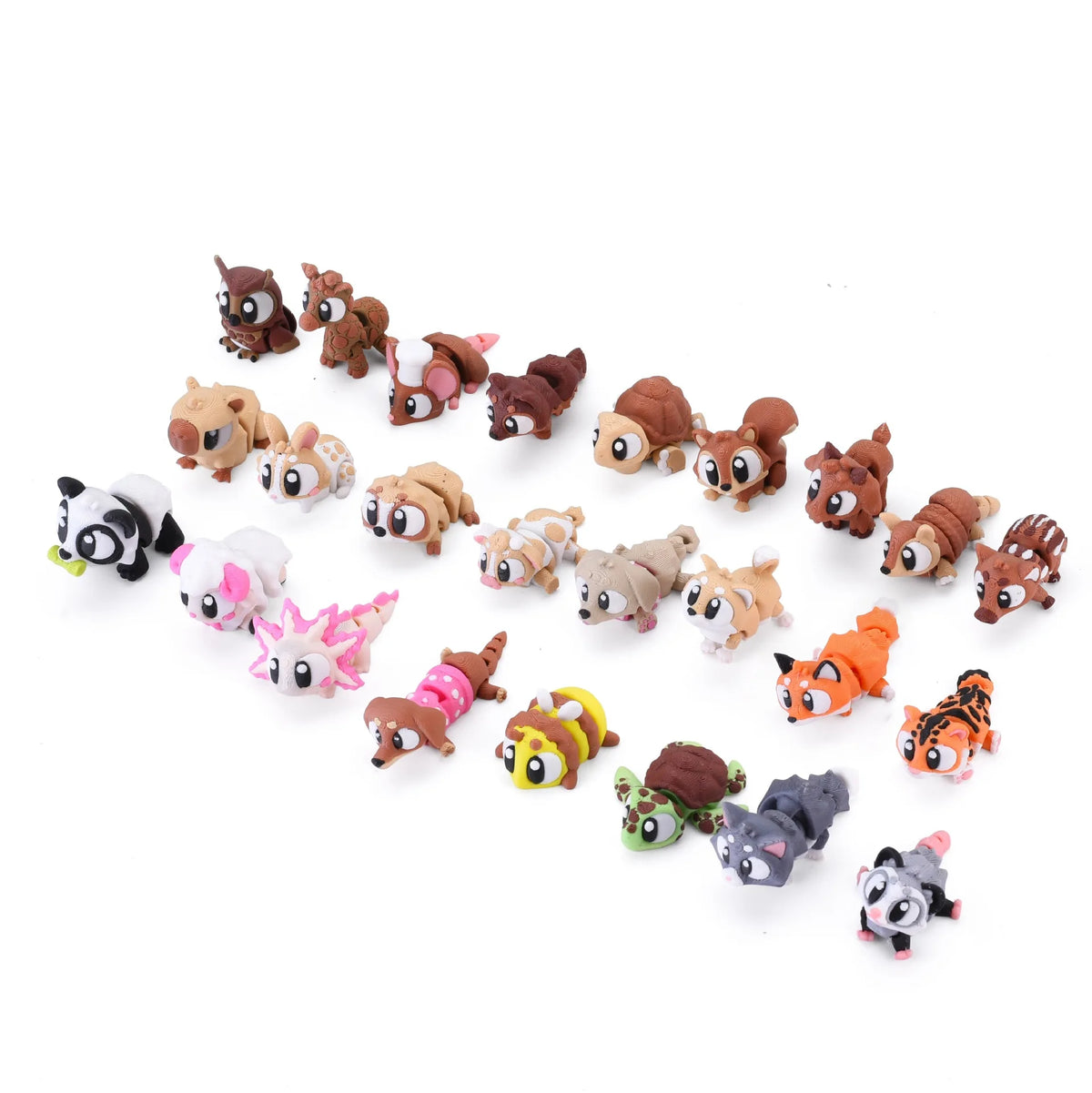 A collection of small, brown and white articulated 3D animal figurines for desk decor.