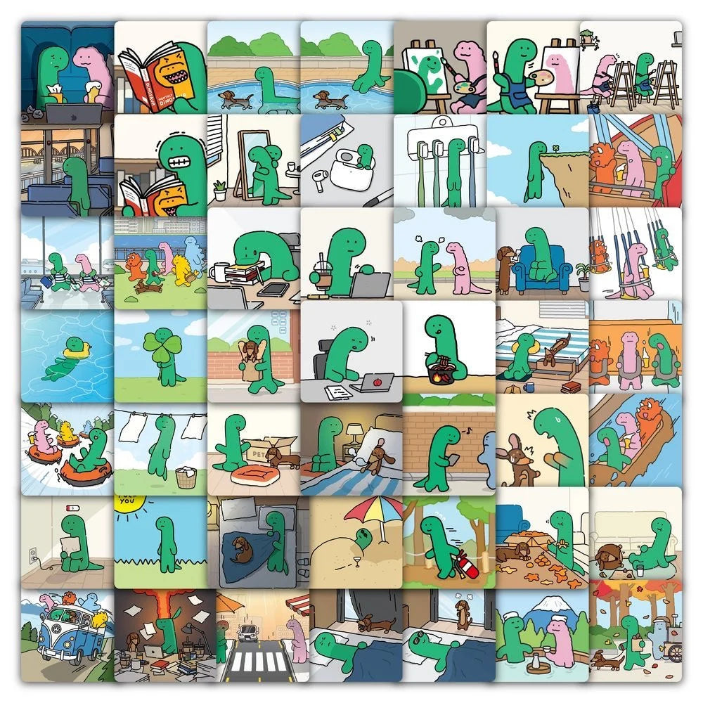 A collection of dinosaur and joguman themed decals stickers in various colors and styles.