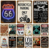 A collection of vintage retro metal wall signs featuring various motorcycle and mechanic themed text and graphics.