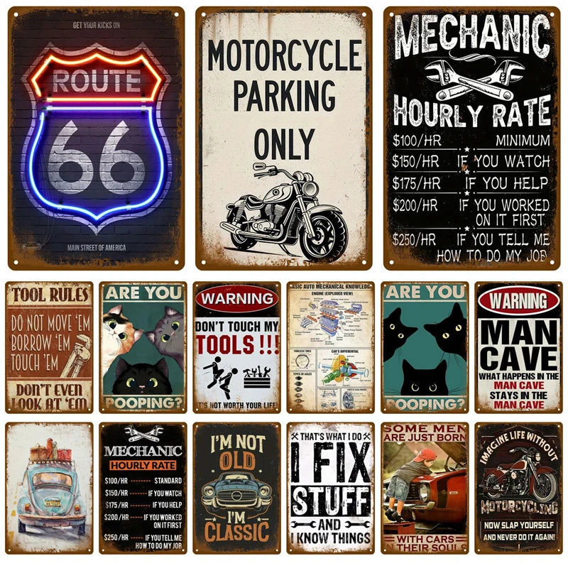 A collection of vintage retro metal wall signs featuring various motorcycle and mechanic themed text and graphics.