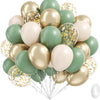 A bouquet of sage green and gold confetti balloons for boho celebrations.