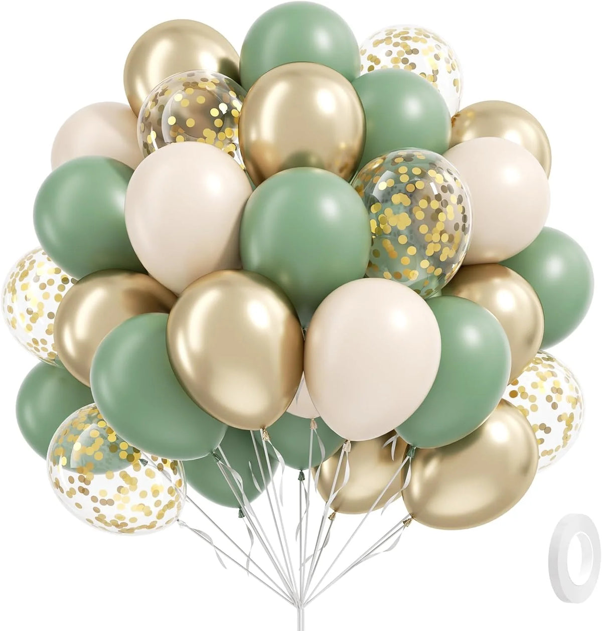 A bouquet of sage green and gold confetti balloons for boho celebrations.