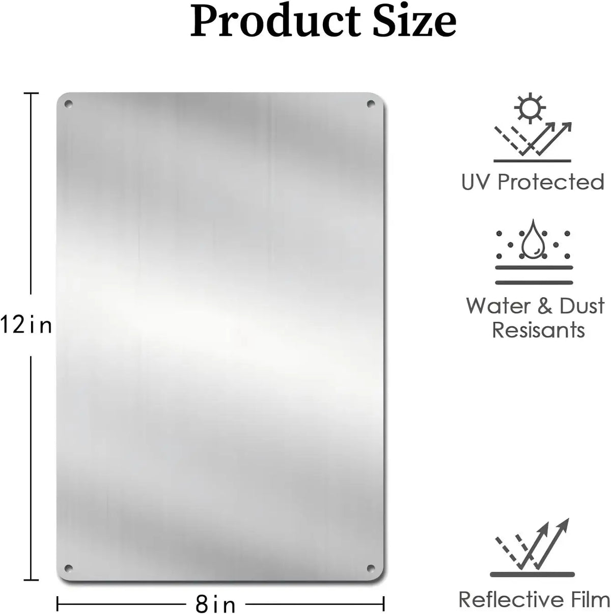 A rectangular stainless steel plaque with a reflective film, designed to be UV protected and resistant to water and dust.