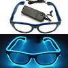 Blue LED wire frame party glasses with a black lens displayed against a dark background.