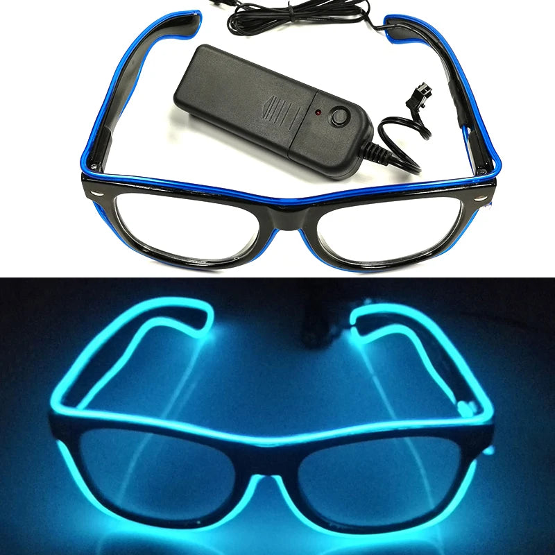 Blue LED wire frame party glasses with a black lens displayed against a dark background.