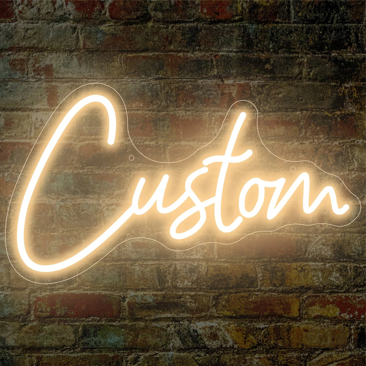A glowing white neon sign spelling the word Custom is mounted on a textured brick wall.