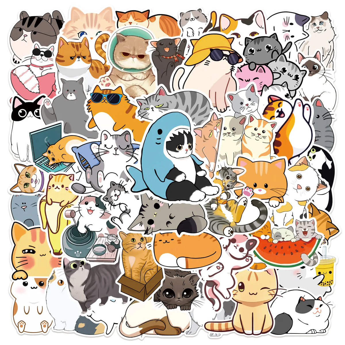 A collection of various cute cartoon cat stickers and illustrations in different poses and colors.