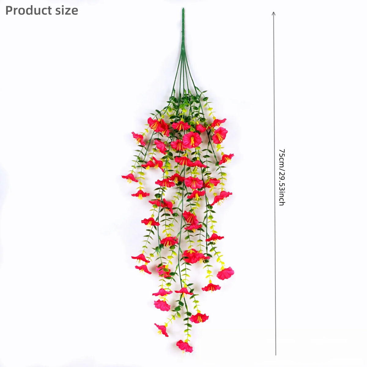 A vertical display of artificial morning glory hanging vines with red and yellow flowers.