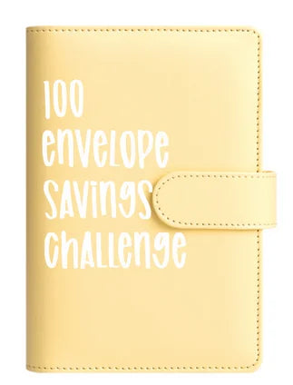 A light yellow binder cover titled 100 Envelope Savings Challenge.