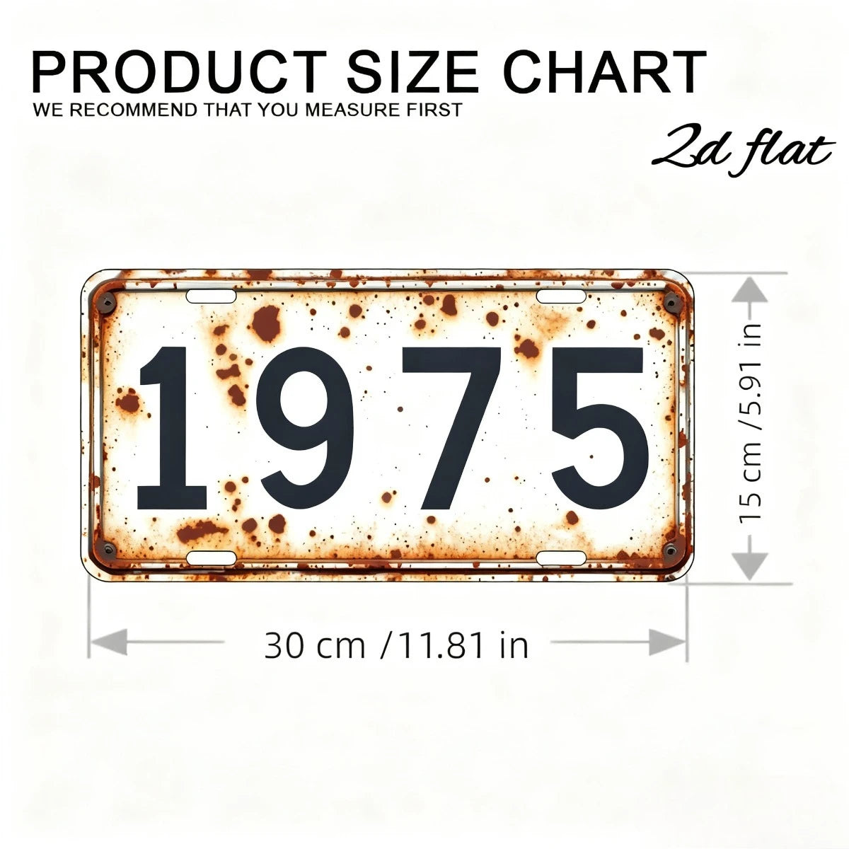Product size chart showing a vintage style aluminum license plate with the number 1975.