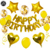 A set of 15 gold and yellow foil letter balloons for a birthday party decoration.