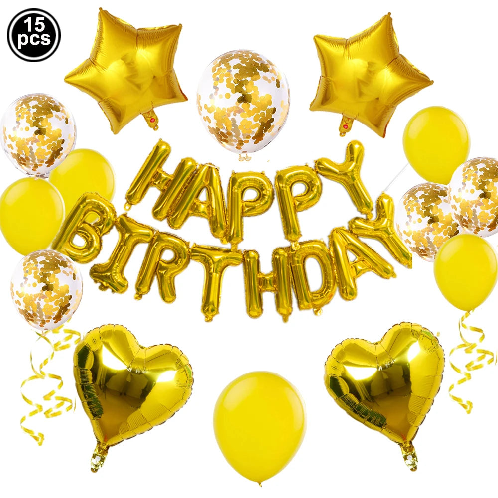 A set of 15 gold and yellow foil letter balloons for a birthday party decoration.