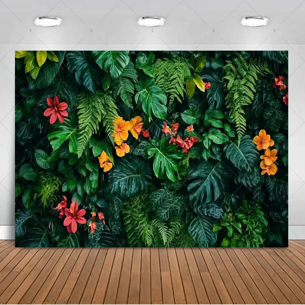A lush green tropical palm leaf backdrop featuring various large leaves and colorful flowers for party decor.