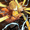 An illustration of Kyojuro Rengoku with bright yellow hair and orange attire surrounded by lightning bolts.