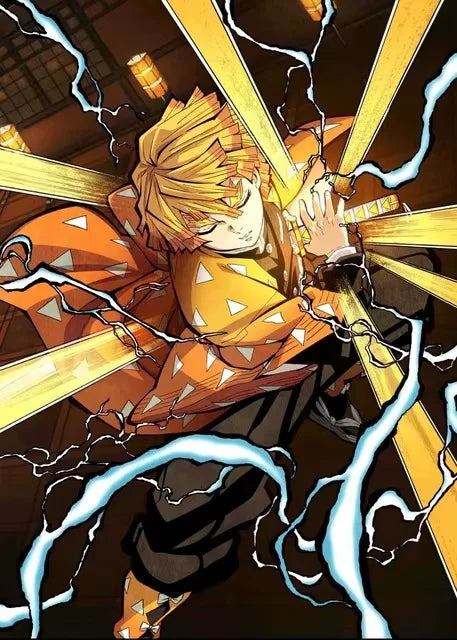 An illustration of Kyojuro Rengoku with bright yellow hair and orange attire surrounded by lightning bolts.