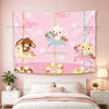 Pink tapestry featuring a whimsical carousel design with horses and hearts for room decor