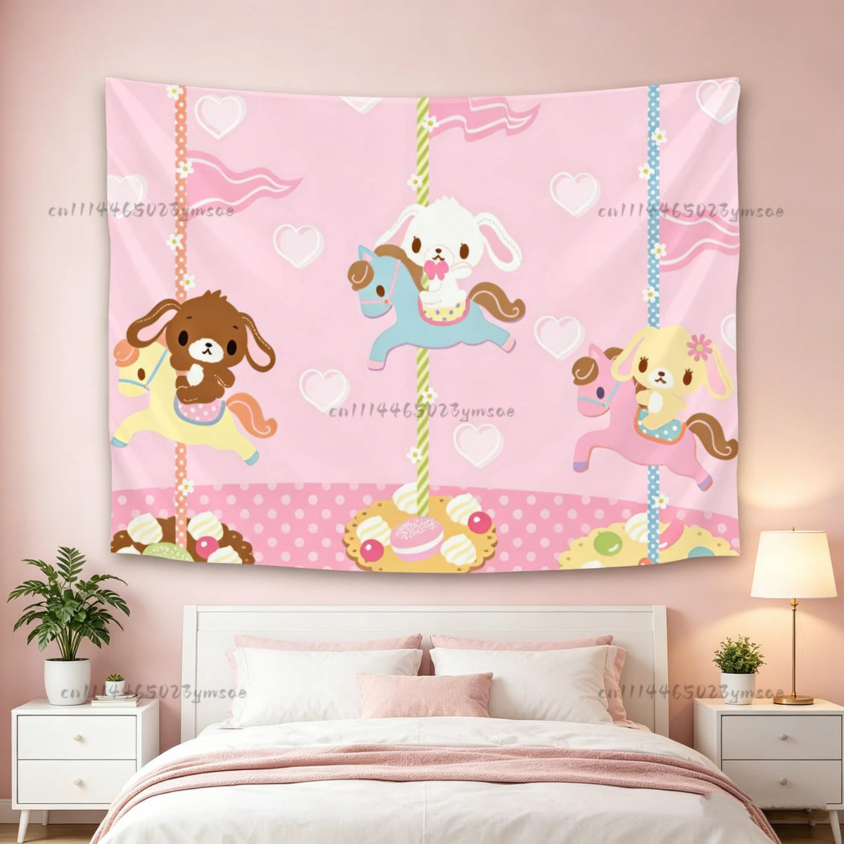 Pink tapestry featuring a whimsical carousel design with horses and hearts for room decor