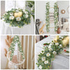 A collection of artificial eucalyptus and rose garlands with greenery displayed in various settings.