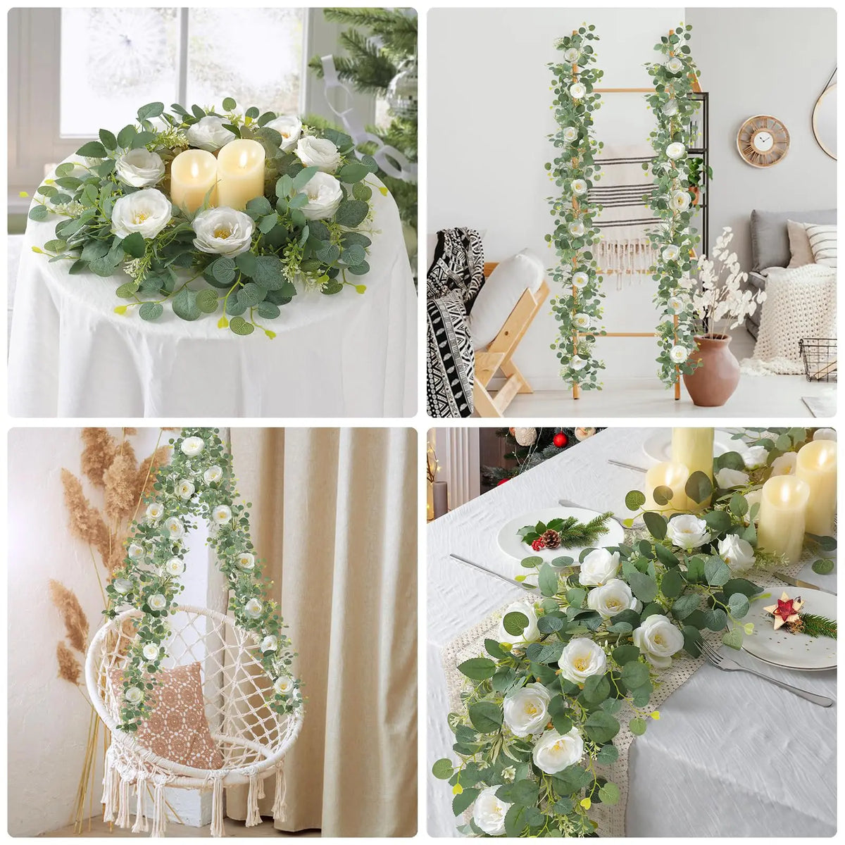 A collection of artificial eucalyptus and rose garlands with greenery displayed in various settings.