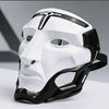 A white and black tactical warden cosplay mask shown in a profile view.