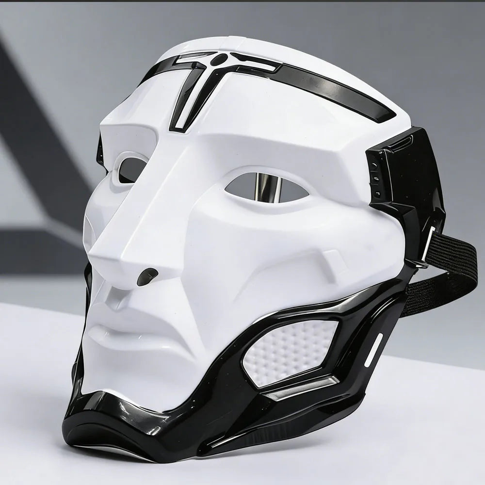 A white and black tactical warden cosplay mask shown in a profile view.