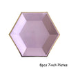 Eight 7-inch plates with a hexagonal shape and gold trim for party use