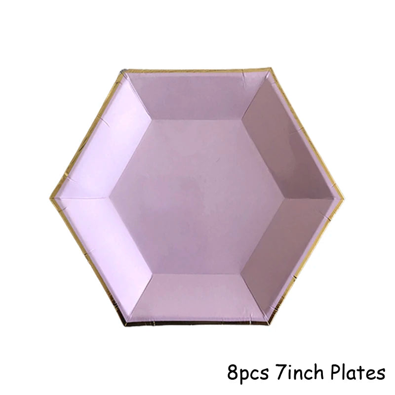 Eight 7-inch plates with a hexagonal shape and gold trim for party use