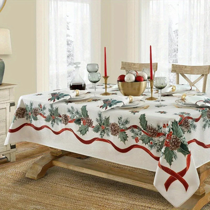 A white Christmas themed tablecloth with red and green foliage and ribbon on a wooden table.