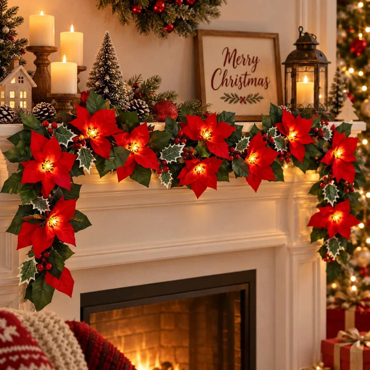 An LED poinsettia garland with warm white lights decorating a white fireplace mantel for Christmas.