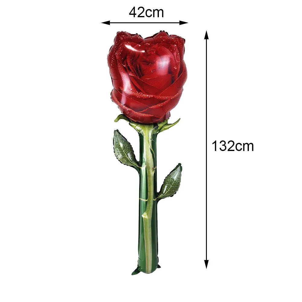 A red rose balloon with a green stem and leaves, measuring 42cm in diameter and 132cm in height.