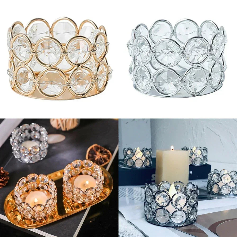 A set of romantic crystal tealight candle lantern holders in gold and clear glass.