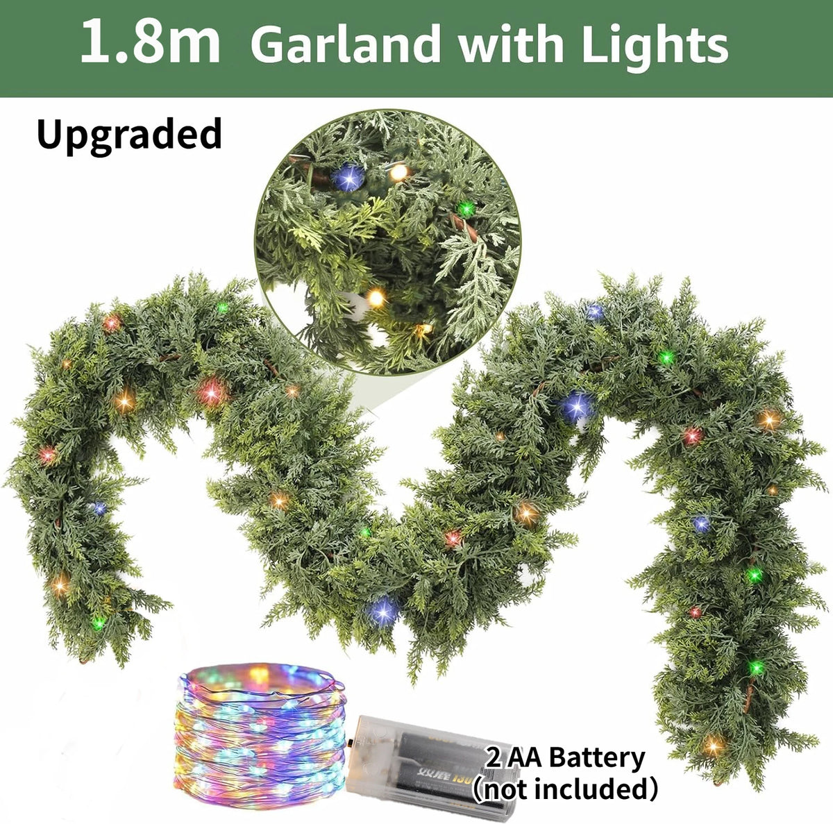 An upgraded 1.8m garland with lights made of cedar branches, shown in a curved shape.