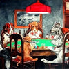 A painting depicting several dogs playing poker around a green table in a dimly lit room.