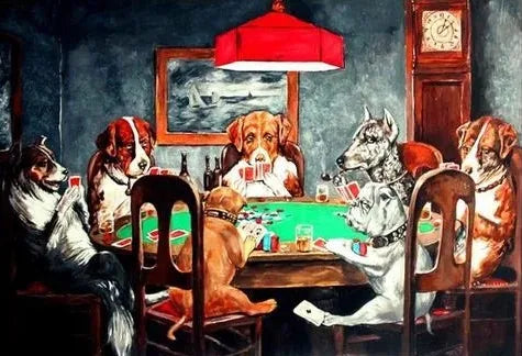 A painting depicting several dogs playing poker around a green table in a dimly lit room.