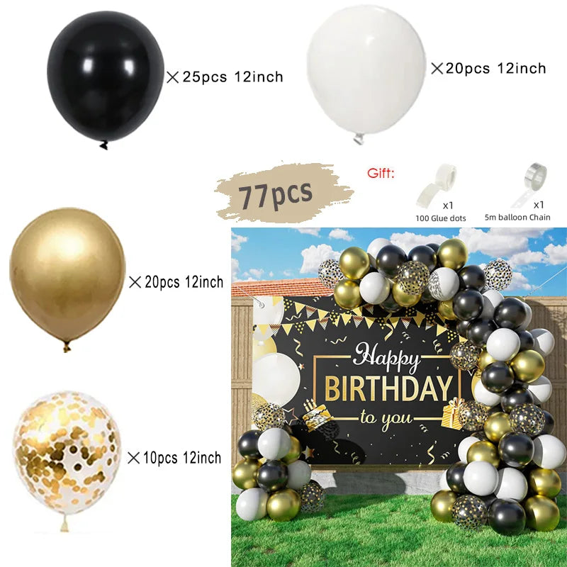 A collection of black, gold, and white balloons arranged in a decorative garland arch for a birthday celebration.