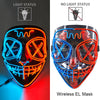 A glowing LED mask featuring multiple light modes, including a neon blue and orange design.