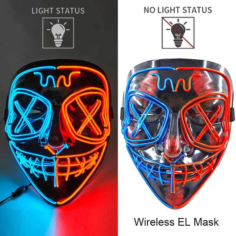 A glowing LED mask featuring multiple light modes, including a neon blue and orange design.