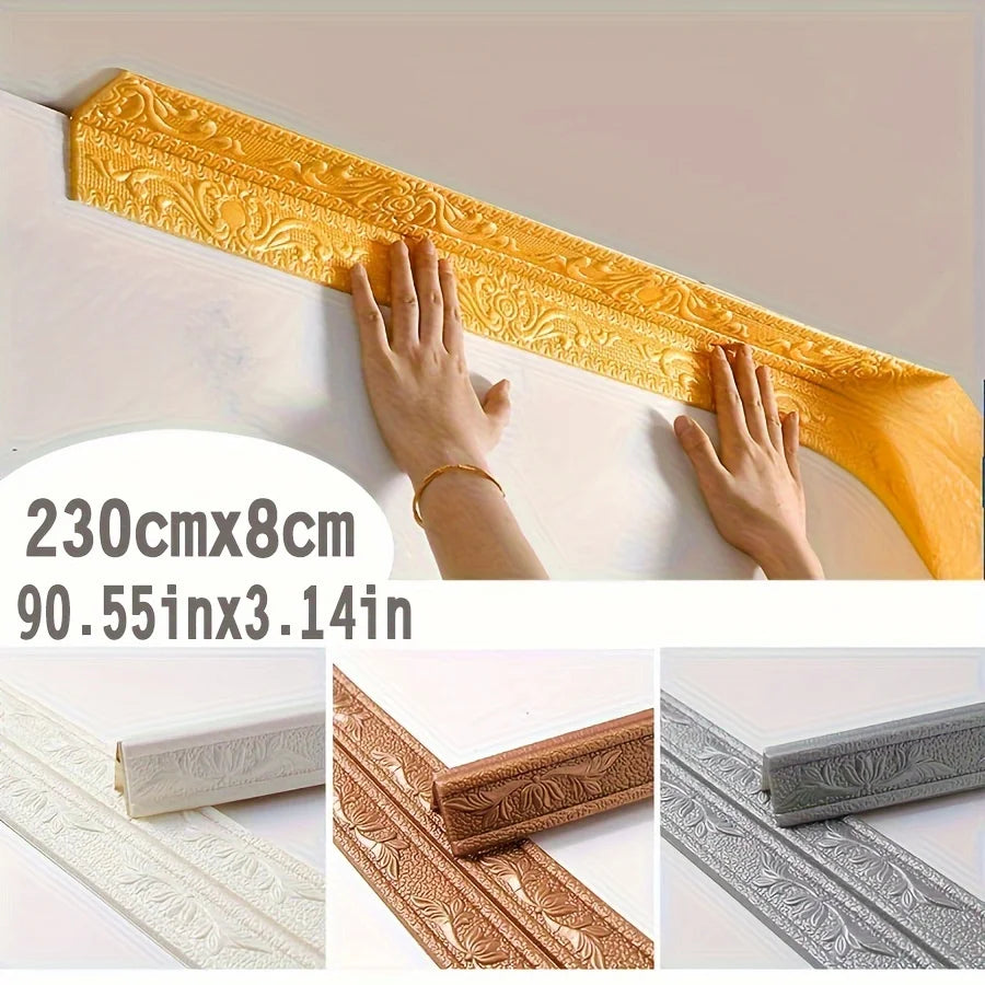 Yellow self-adhesive foam wall trim strips being applied to a white surface.