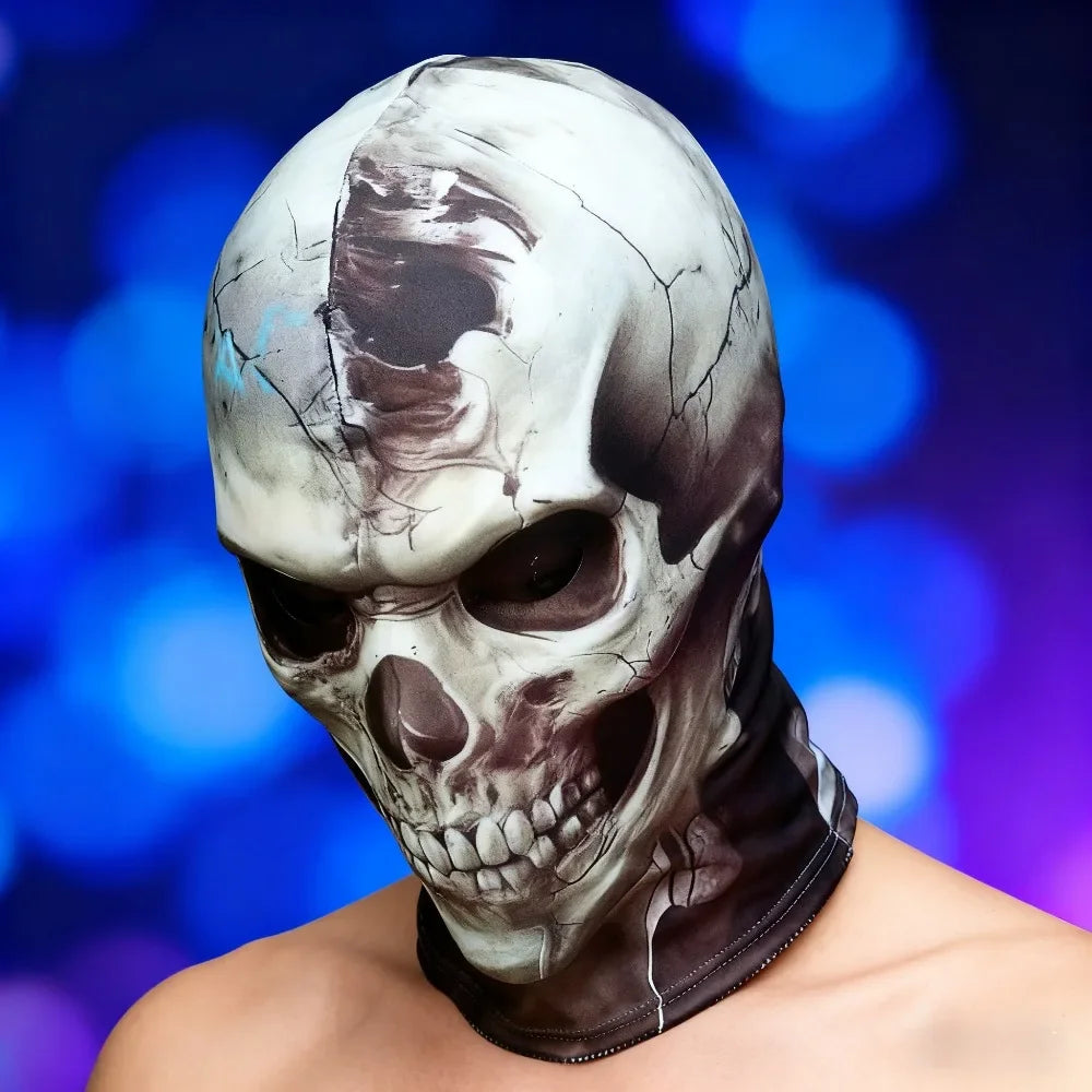 A realistic 3D skull balaclava mask covering the face, displayed against a blurred blue background.