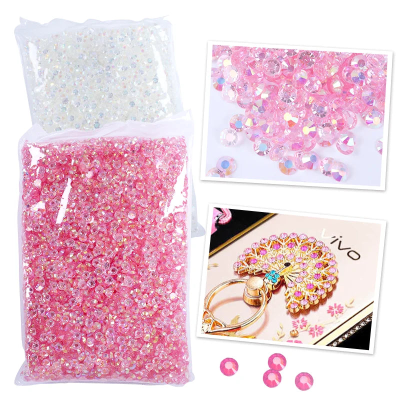 Bag of pink glitter resin rhinestones and a close-up photo of the same craft material