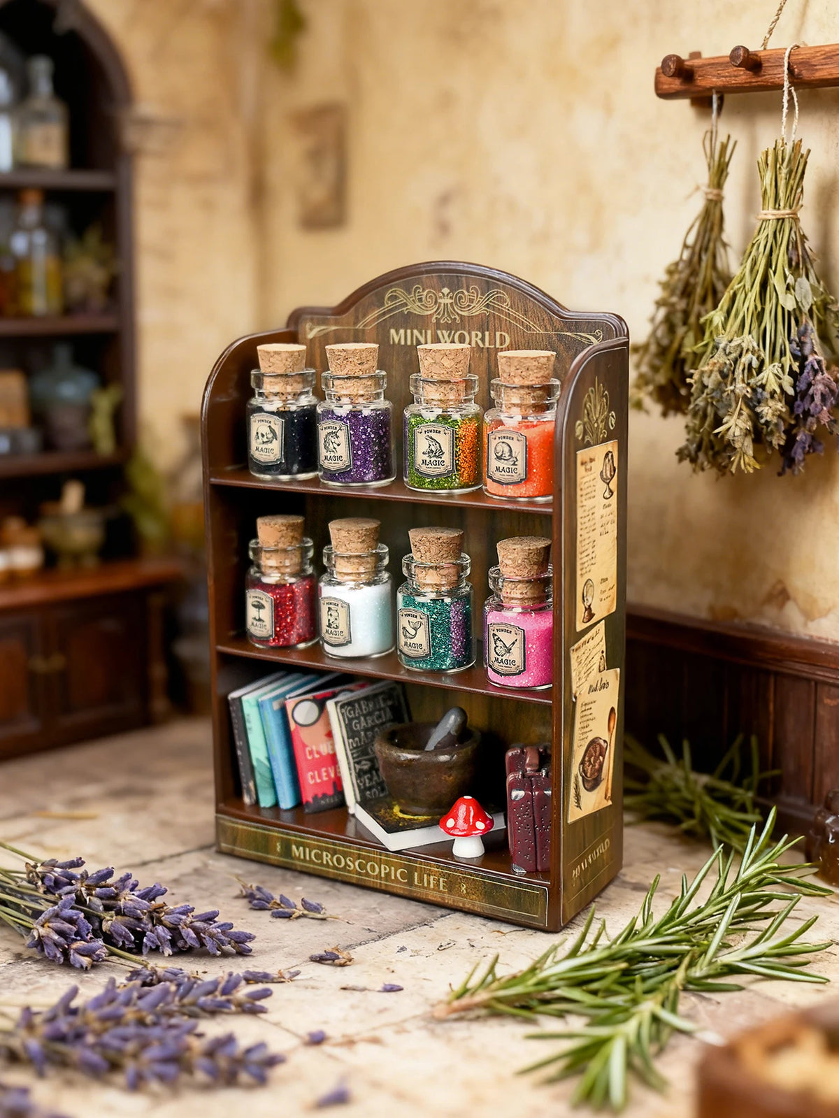 A collection of glass jars filled with glitter powder in various colors displayed on a wooden shelf.