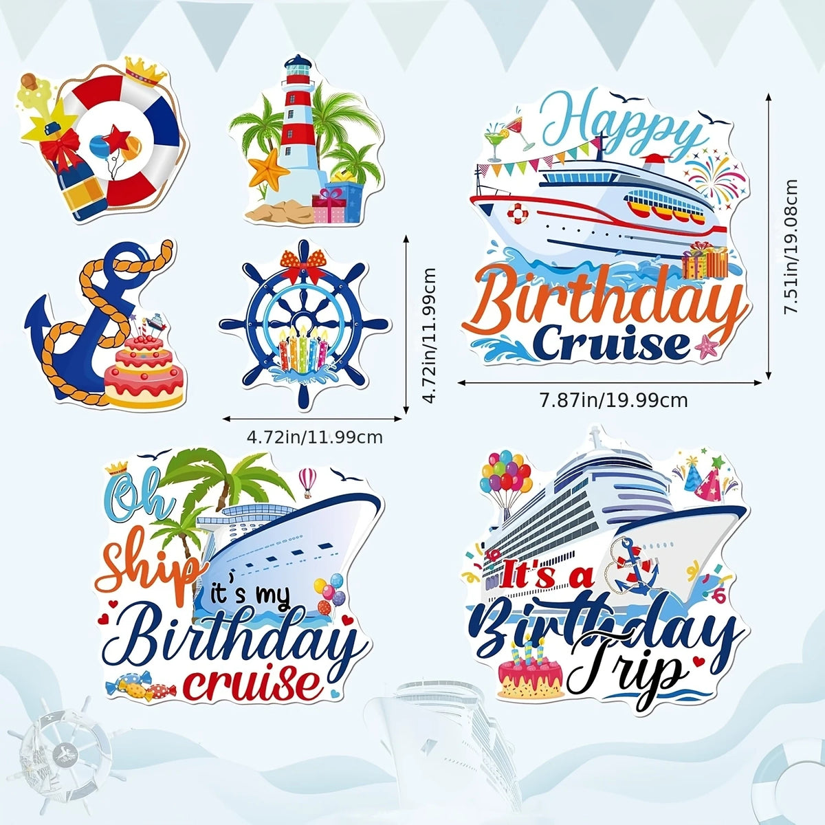 A set of seven colorful door magnets featuring cruise ships and birthday themes for decorations.