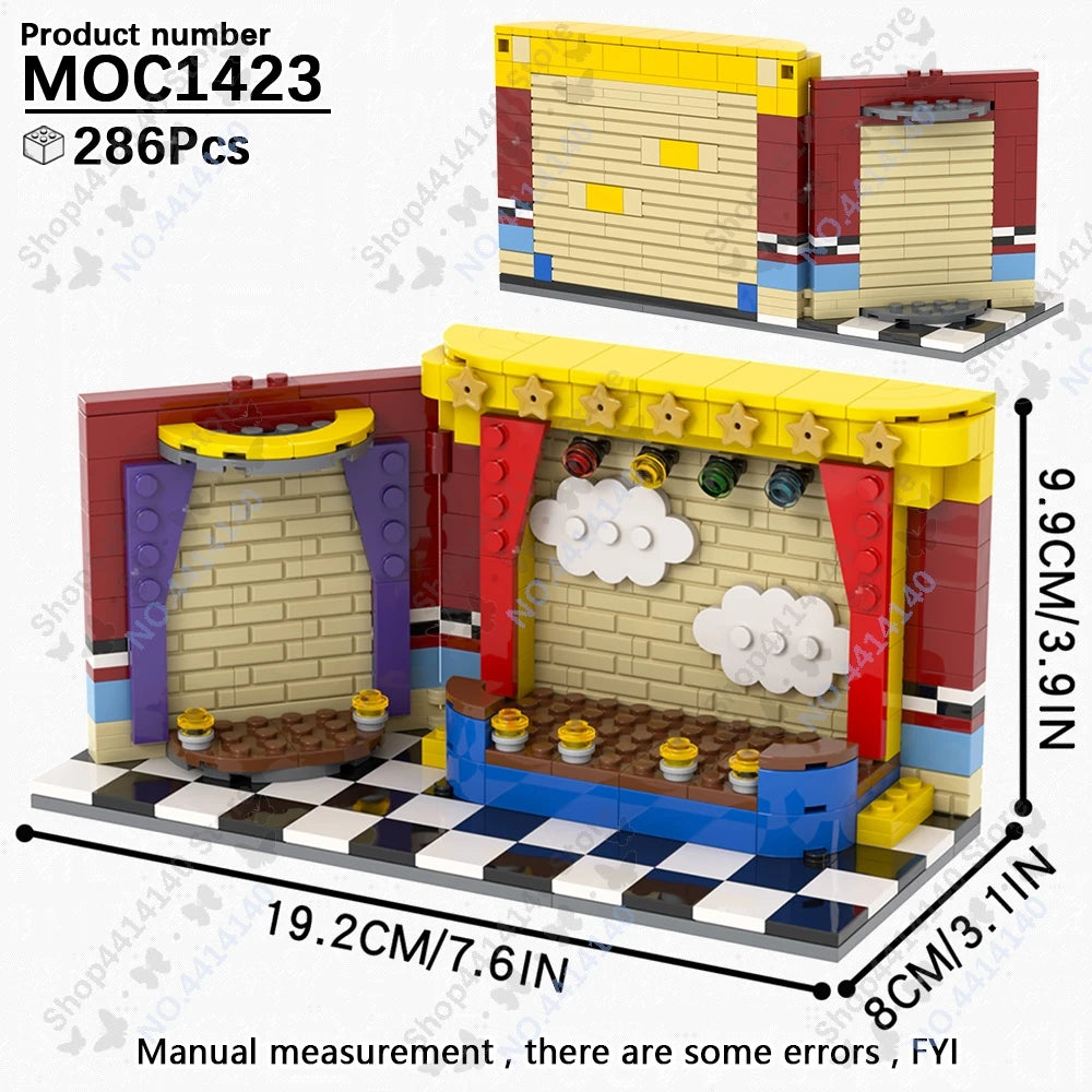 A LEGO-style building block set of a Five Nights at Freddy's building, featuring red and yellow bricks.