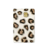 A rectangular card cover featuring a leopard print design with a gold-colored card slot.