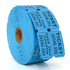A roll of blue tearable raffle tickets with various numbers and text printed on them.