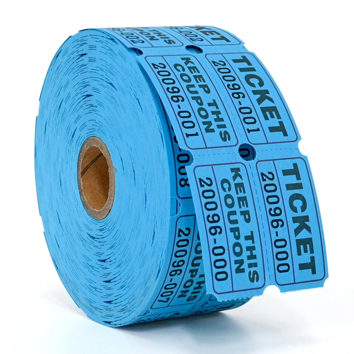 A roll of blue tearable raffle tickets with various numbers and text printed on them.