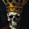 A detailed painting of a golden crown placed atop a human skull, rendered in dark and dramatic tones.