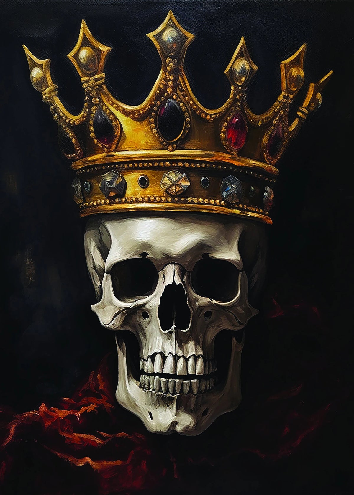 A detailed painting of a golden crown placed atop a human skull, rendered in dark and dramatic tones.