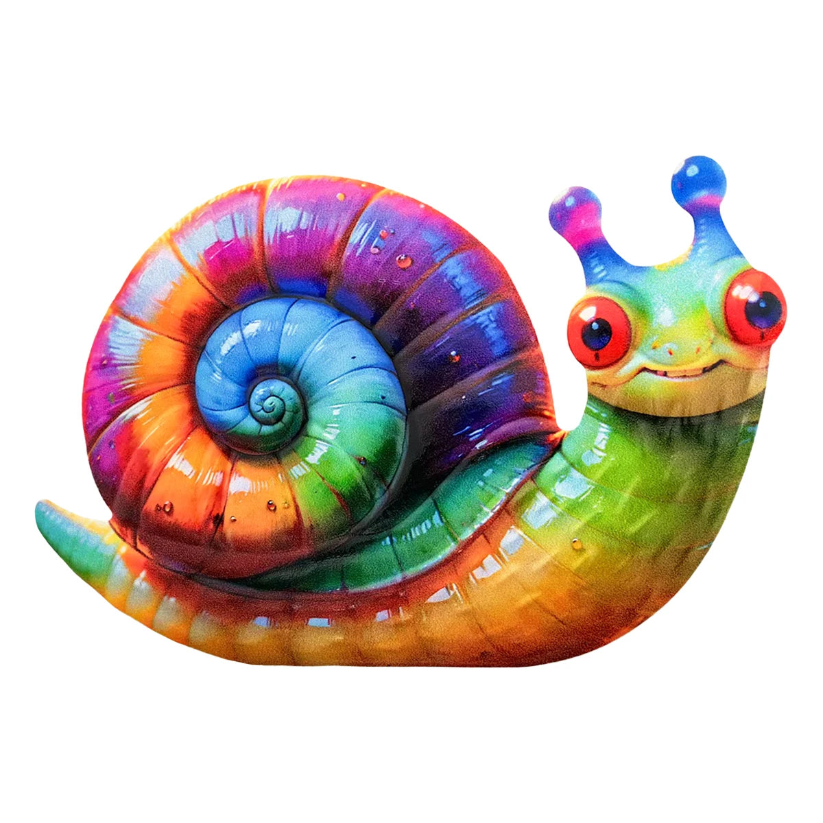 A vibrant, iridescent snail shell with a spiral body and bright green skin, featuring colorful hues of purple, orange, and bl