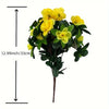 A cluster of bright yellow artificial azalea flowers and green leaves on a stem.